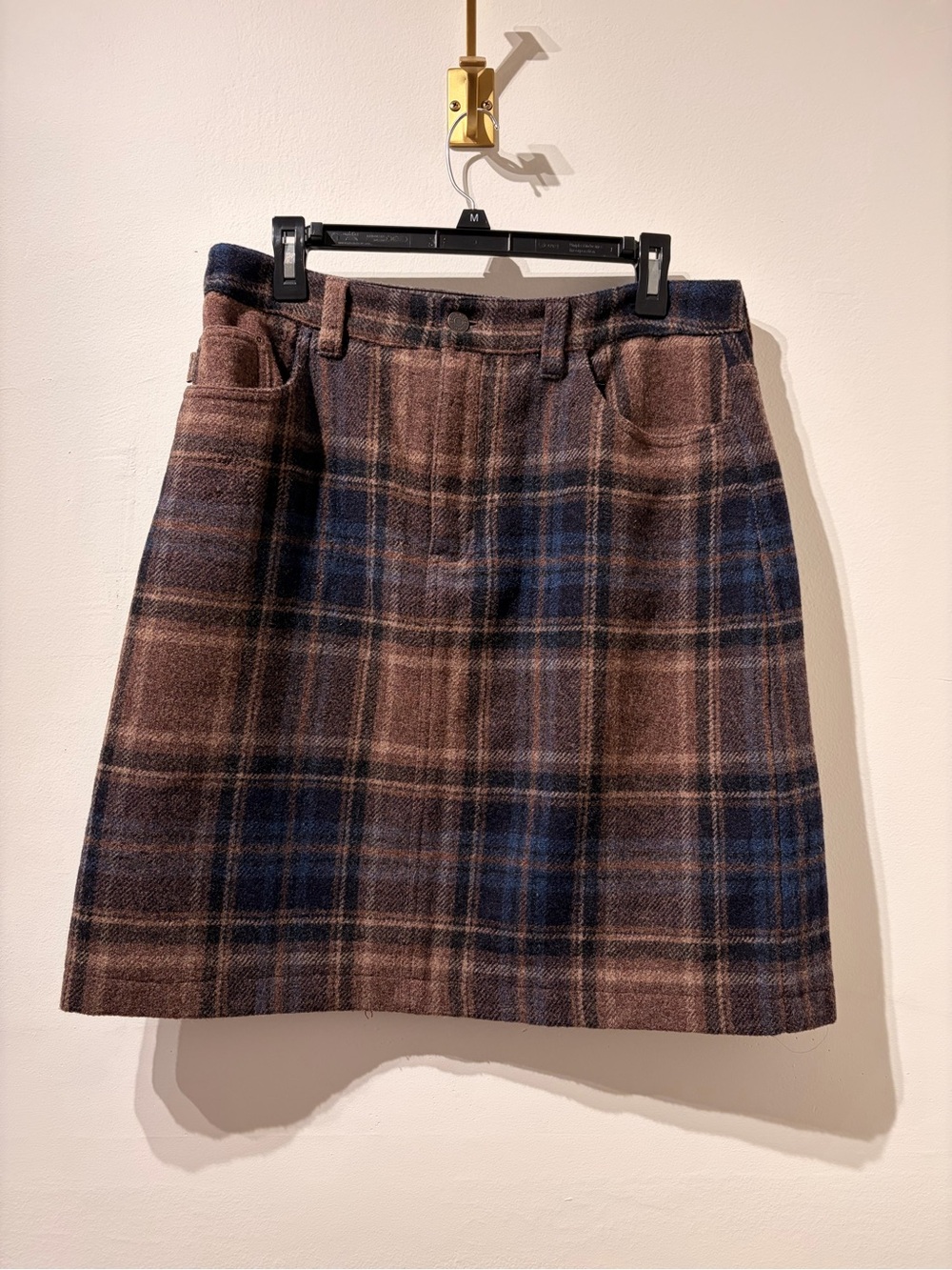 90s Eddie Bauer Classic Plaid Wool A-Line Skirt in Brown and Blue Size 12